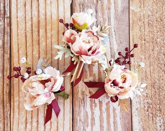 Blush Pink & Burgundy Rose Boutonnieres, Pink Groomsmen Boutonnieres, Farmhouse, Country, Rustic Fall Wedding, Winter Wedding, Faux Flowers