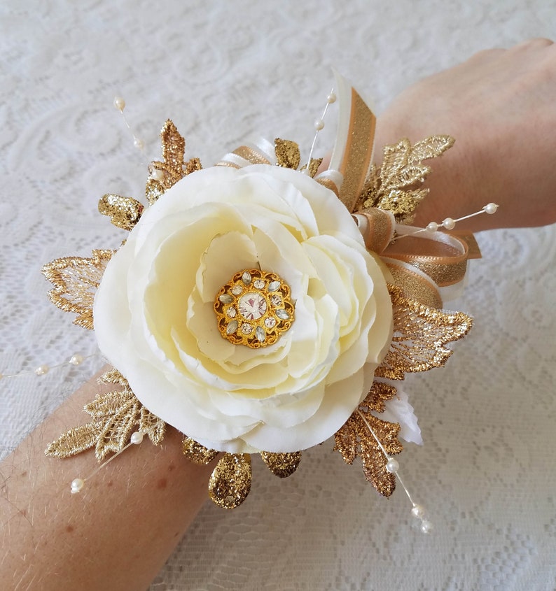 Prom Gold & Ivory Gatsby Wrist Corsage with matching Etsy