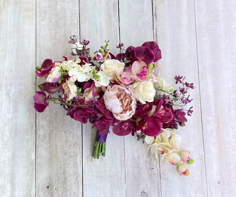 Cascading Deep Purple Orchid Wedding Bouquet, Bridal Bouquet, Beach Wedding, Fall Wedding, Orchid Bouquets, Large Elegant Tropical Boho afbeelding 1