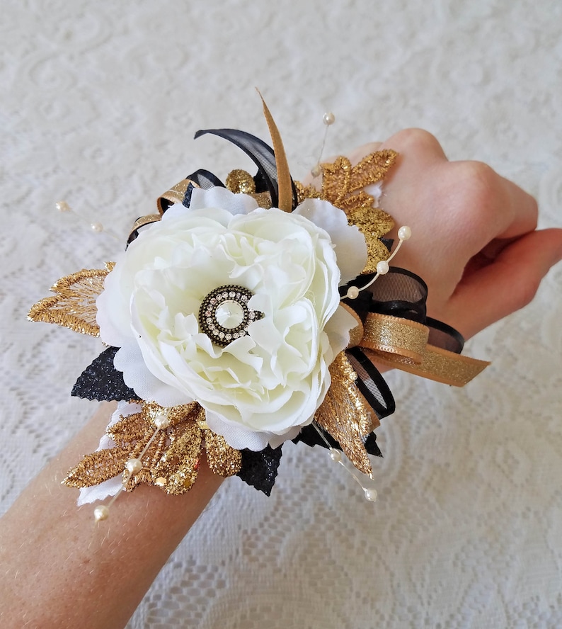 Prom Gold Black & Ivory Gatsby Wrist Corsage with matching Etsy