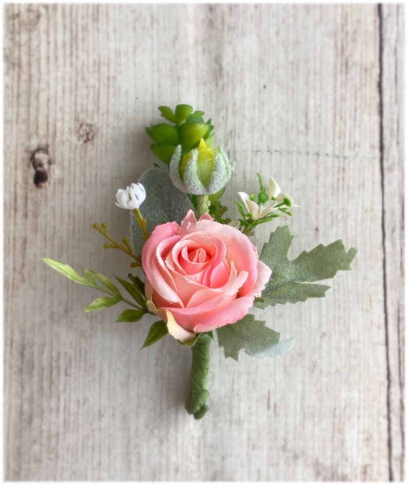 Rustic Pink Rose and Succulent Wrist Corsage & Boutonniere for Prom on Twig Wristband, Succulent Bracelet, Artificial Wristlet, Formal Dance image 6