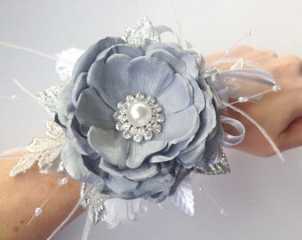 Silver Wrist Corsage with Boutonniere, Silver Flower Corsage, Crystal Corsage, Prom Corsage with Feathers, Pearls, Girl's Corsage, Bracelet