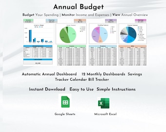 Annual Budget Spreadsheet Multi-Color Excel and Google Sheets