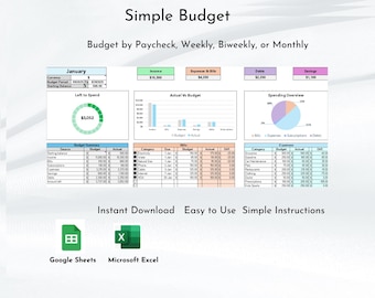 Simple Budget Planner Spreadsheet Multi-Color Google Sheets & Excel Monthly Expense Tracker Easy Finance Template