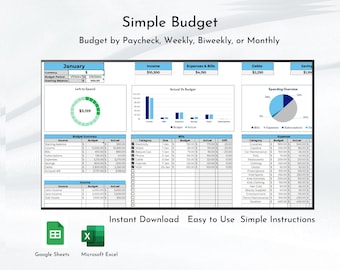 Planificador de presupuesto sencillo con hoja de cálculo / Plantilla de presupuesto mensual fácil / Excel y Google Sheets / Seguimiento financiero / Hoja de objetivos de ahorro