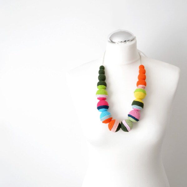 bold colorful crochet bead textile necklace with handmade beads in african tribal style, whimsical and boho, gift for her, urban wear