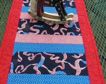 15 1/2" x 50 1/2" Quilted Patriotic Red, White & Blue Table Runner Reverses to Red Poinsettias for Winter and Christmas - READY TO SHIP!