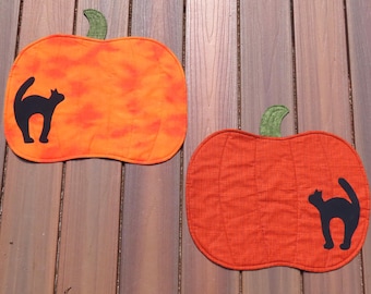 1 Fall, Halloween Pumpkin and Black Cat Place Mat, Cat Silverware Holder, Quilted Choose Quantity, Front Fabric & Cat Placement at Checkout