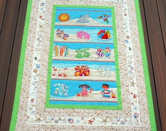 44 x 58 Quilt, Detail Quilted Beach Quilt, Porch Throw, Cottage Quilt, Sand, Sea, Starfish, Sand Castles, Surboards, Sailboats-READY TO SHIP