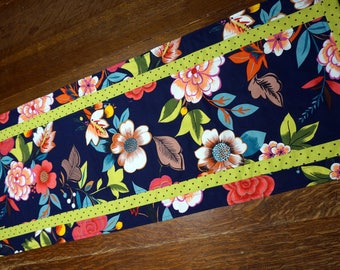 Floral Table Runner Reverses to Halloween Candy and Pumpkins on Black- 14" x 47 1/2" - Quilted and READY TO SHIP!