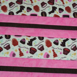 Easter Candy Table Runner, Chocolate Bunnies and Pink Reverses to Rust and Olive Tuscany Vineyard Print 14 x 36 READY TO SHIP image 2