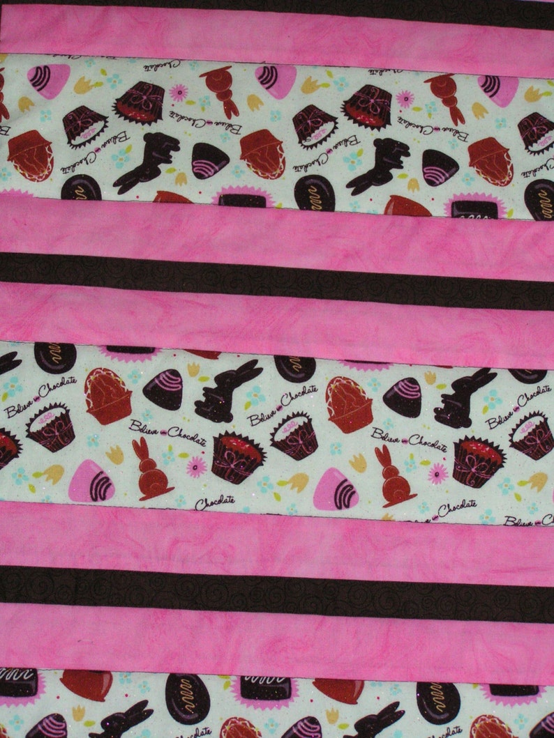 Easter Candy Table Runner, Chocolate Bunnies and Pink Reverses to Rust and Olive Tuscany Vineyard Print 14 x 36 READY TO SHIP image 2