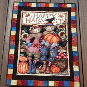 Detail Quilted Fall Mr. & Mrs. Scarecrow Wall Hanging Quilt Sunflowers, Apples, Pumpkins, Fall, Halloween With Added Border - READY TO SHIP!