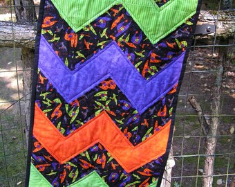 14 1/2" x 42 1/2" Table Runner Quilted Halloween Witches Hats Chevron Reverses to Grapes for Spring, Summer and Fall  - READY TO SHIP!