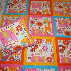 2 Pc. Safari, Jungle Animal Quilt & Pillow Set, Orange, Pink, Aqua, Gold, Elephants, Giraffes, Monkeys and Flowers - OOAK - READY to SHIP