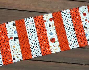 Quilted Table Runner Halloween Bats, Cats & Pumpkins Reverses To Striped Decorator Fabric, Spring, Summer, Fall  13 1/2" x 45" READY TO SHIP