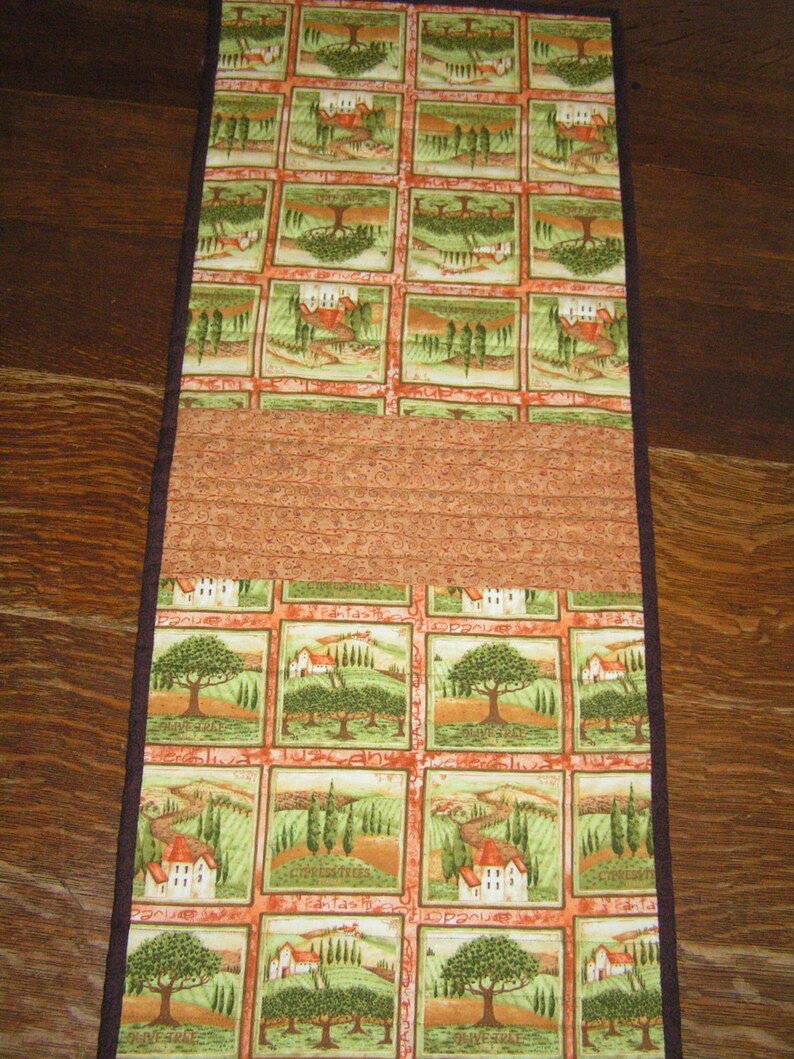 Easter Candy Table Runner, Chocolate Bunnies and Pink Reverses to Rust and Olive Tuscany Vineyard Print 14 x 36 READY TO SHIP image 4