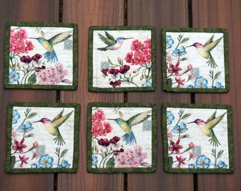 6 pc Hummingbird Mug Rugs, Coasters for Dining Table, Desk, Work & Home Office, Coffee or End Table Reverse to Holly Leaves - READY TO SHIP!