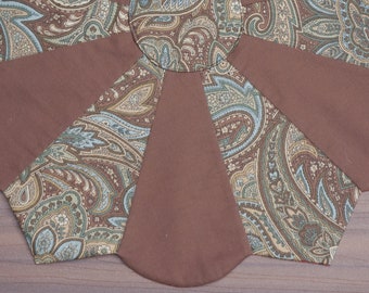 Brown and Teal Paisley Table Topper Reverses to Fall Leaves and Pine Cones - READY TO SHIP !