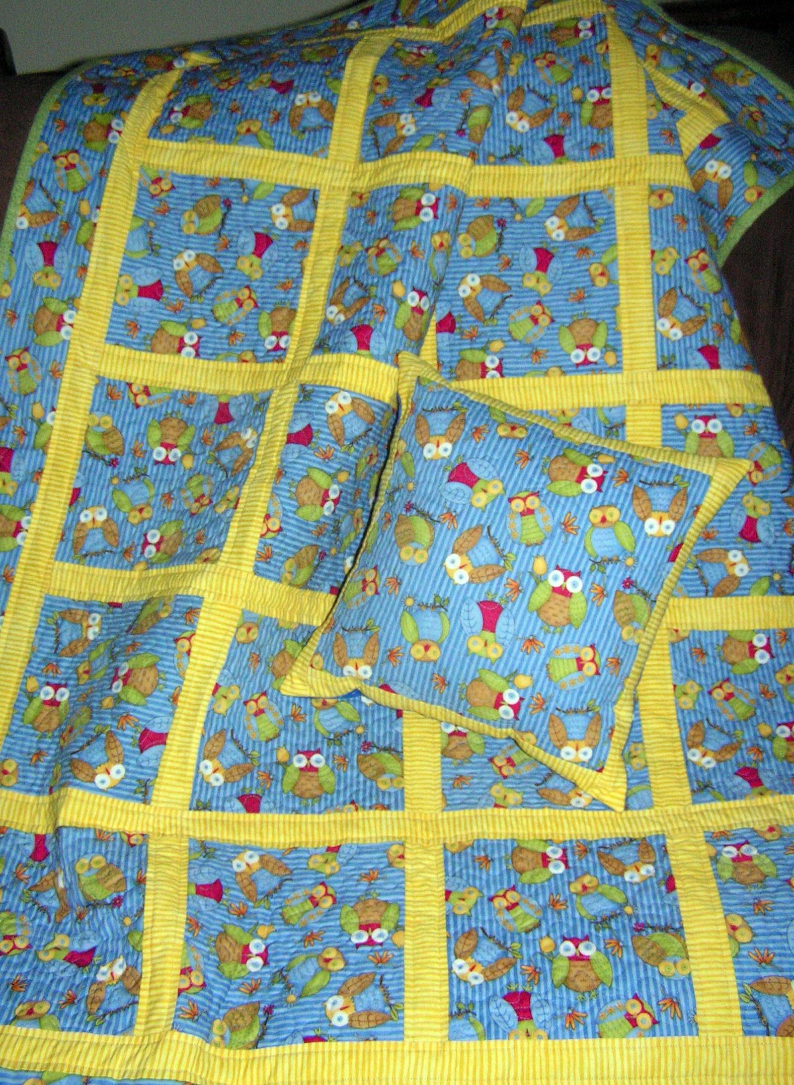 2 Piece Owl Quilt & Pillow Set, Blue, Yellow Quilt, Baby, Toddler Quilt, Crib or Youth Bed Quilt