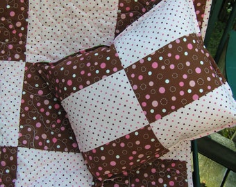 CLEARANCE!!! 2 Piece Baby Quilt and Pillow Set, Pink and Brown Polka Dots Girl, Toddler, Crib Quilt and Pillow Set - READY to SHIP!