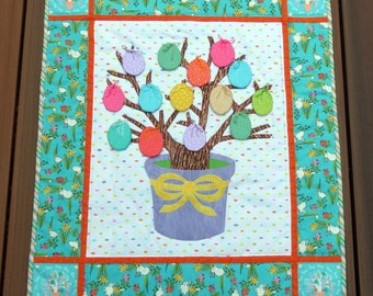 Easter Egg Tree Wall Hanging, Appliqued Tree, Planter and Bow, 14 Hanging Eggs  - READY TO SHIP within 1 - 2 Business days from Purchase