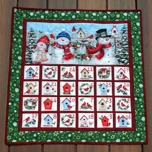 Detail Quilted Advent Calendar Snowmen, Birdhouses & Trees, Advent Calendar, 24 Pockets For You To Fill-READY TO SHIP in 1 -3 Business Days
