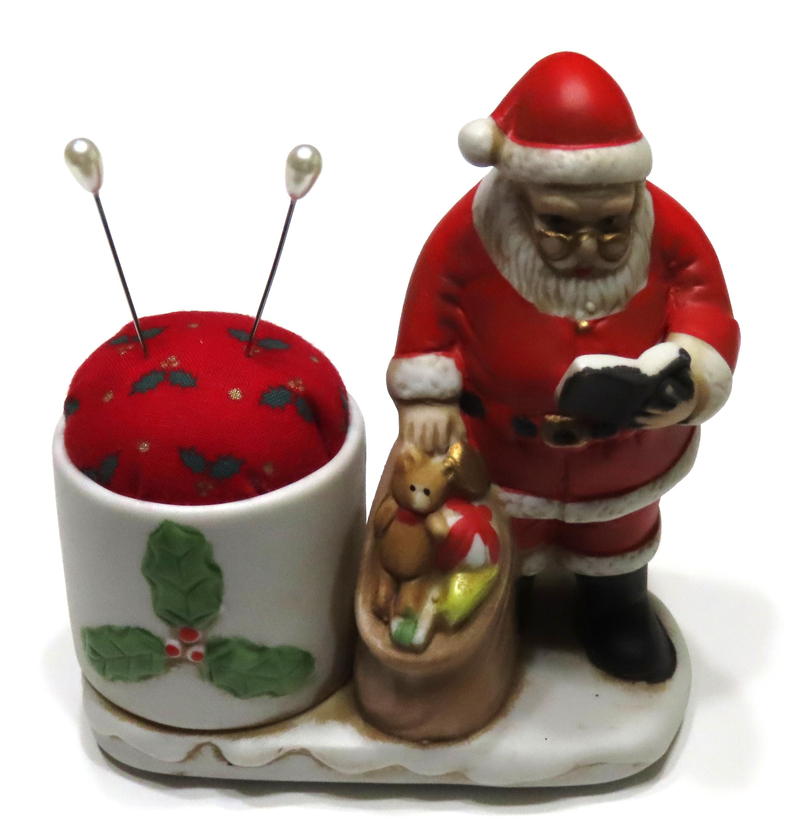 Christmas Santa Pin Cushion, Porcelain, Holly Print Cushion, Gift for Quilter, Sewer, Seamstress, Collector