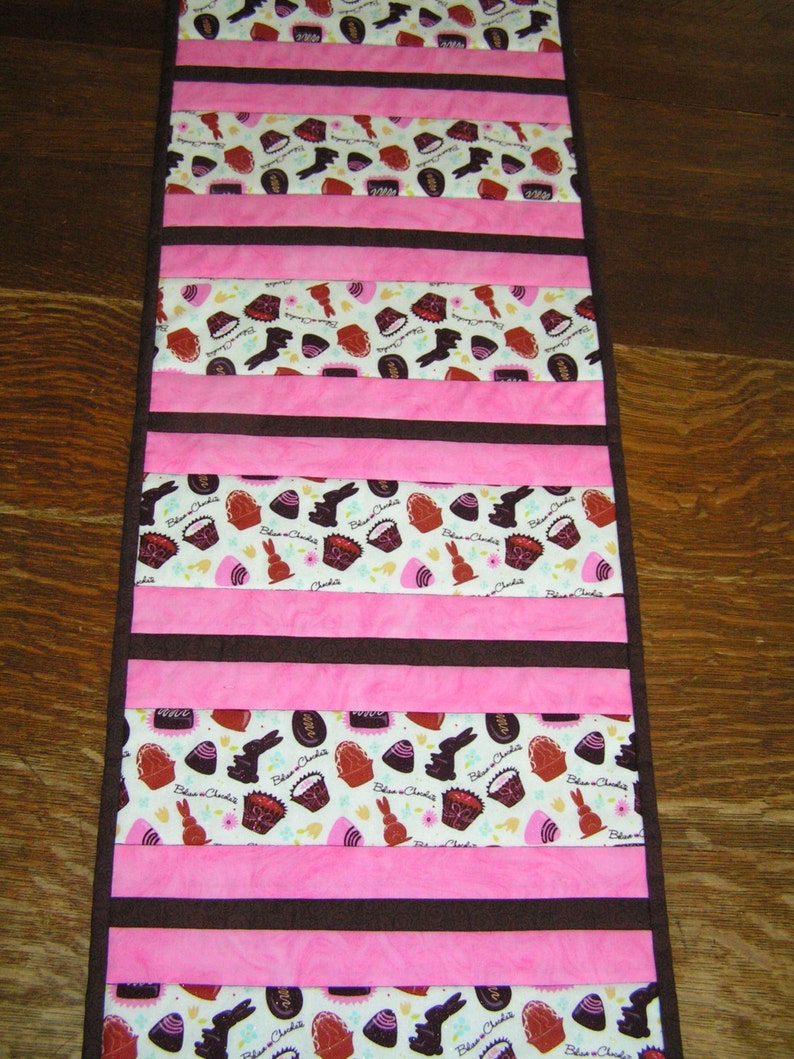 Easter Candy Table Runner, Chocolate Bunnies and Pink Reverses to Rust and Olive Tuscany Vineyard Print 14 x 36 READY TO SHIP image 1