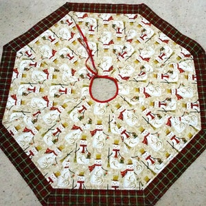 41 1/2&quot; Quilted Tree Skirt Happy Snowmen With Matching Red & Green Christmas Plaid Edge Reverses to Colorful Winter Mittens - READY TO SHIP!