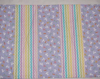 54" Quilted Easter Bunny Table Runner, Bunnies on Lavender Check, Rick Rack,  Reverses to Spring & Summer Soft Green Floral - READY TO SHIP!