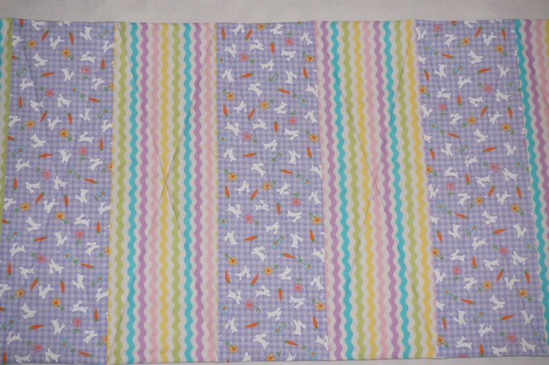 54 Quilted Easter Bunny Table Runner, Bunnies on Lavender Check, Rick Rack, Reverses to Spring & Summer Soft Green Floral READY TO SHIP image 1