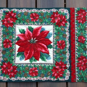 4 Christmas Poinsettia Place Mats, Quilted & Reverse to Fall Leaves, 2 Seasons of Fun! - READY TO SHIP!