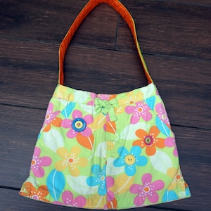 Little Girls Bright Flower Purse, Upcycled Shorts, Pockets, Velcro Closure, Fully Lined, Inside and Outside Pockets - READY TO SHIP!