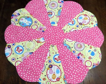 21" Easter Table Topper Choice of Green or Pink dots, Easter bunnies, eggs, flowers & More Reverses to Sea Shells on Sand-Choice at Checkout
