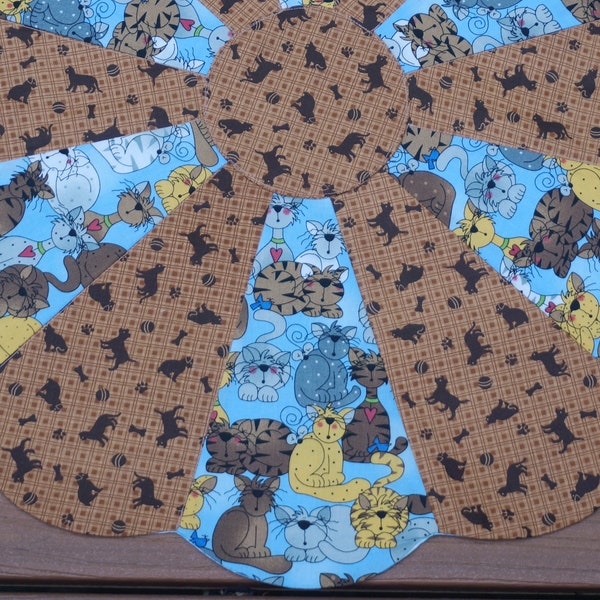 21' Table Topper With Cats, Kitties, Kitten, Felines, Blue & Brown, Reverses to Large Snow Flakes for Christmas and Winter - READY TO SHIP!