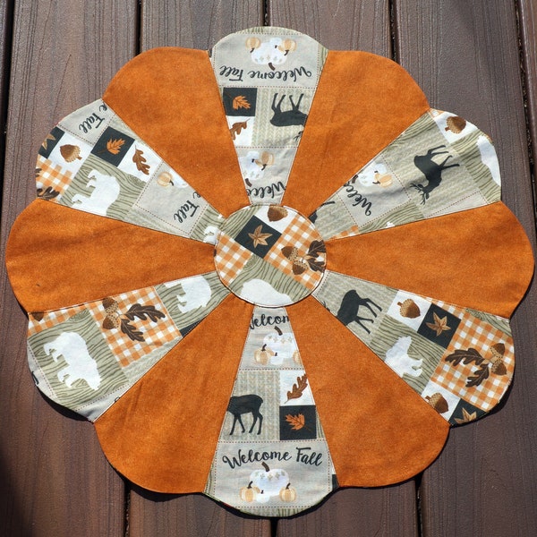 Fall 21" Table Topper, Bear, Deer Patchwork Fall, Halloween, Log Cabin, Lake House, Thanksgiving Reverses To Flowers on Brown-READY TO SHIP!