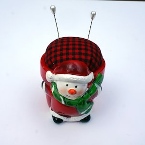 Christmas Snowman Pin Cushion, Ceramic Clay Pot Pin Cushion, Red Buffalo Plaid, Gift for Quilter, Sewer, Seamstress - READY TO SHIP