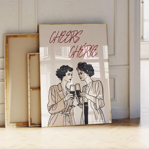 Impresión Cheers Chérie – Mujeres compartiendo un brindis – Póster de arte lineal – Impresión Cin Cin – Póster de cóctel retro – Arte de carrito de bar – Impresión de bebida vintage