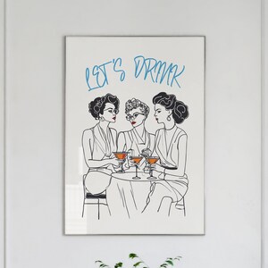 Let's Drink Print - Póster de cóctel retro - Póster de arte lineal - Decoración de carrito de arte de cóctel - Arte de pared de bebida retro - Impresión de bebida vintage