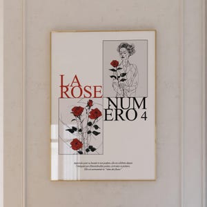 Impresión LA ROSE 4 - Arte lineal minimalista - Póster de rosas - Impresión elegante de flores para decoración de pared - Impresión de arte femenino moderno para el hogar o la oficina