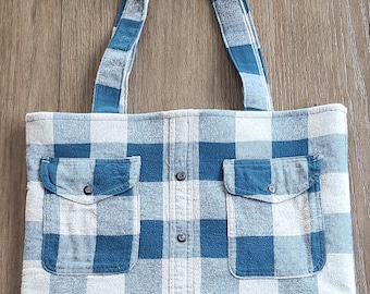 Upcycled Flannel Tote Bag, Handmade Plaid Carryall