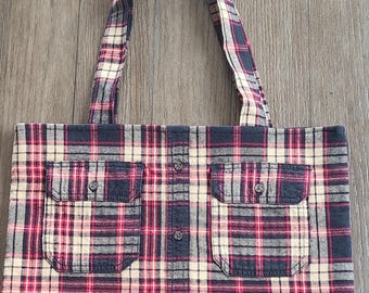 Handmade Plaid Flannel Tote Bag, Upcycled Shopping Bag