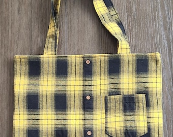 Upcycled Flannel Plaid Tote Bag, Handmade Shopper