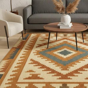 Southwestern Boho Flatweave Kilim Rug with Tassels – Geometric Aztec Pattern in Rust, Teal & Cream | Handwoven Rug image 1