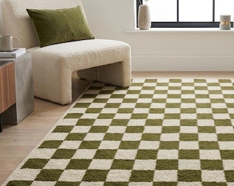 Hand Knotted Olive Green Checkerboard Rug, Wool Area Rug, Modern Checkered Rug, Scandinavian Rug, Green & Ivory Rug