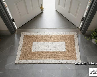 Hand Woven Jute & Wool Doormat | Farmhouse Entry Rug (60x90 Cm)