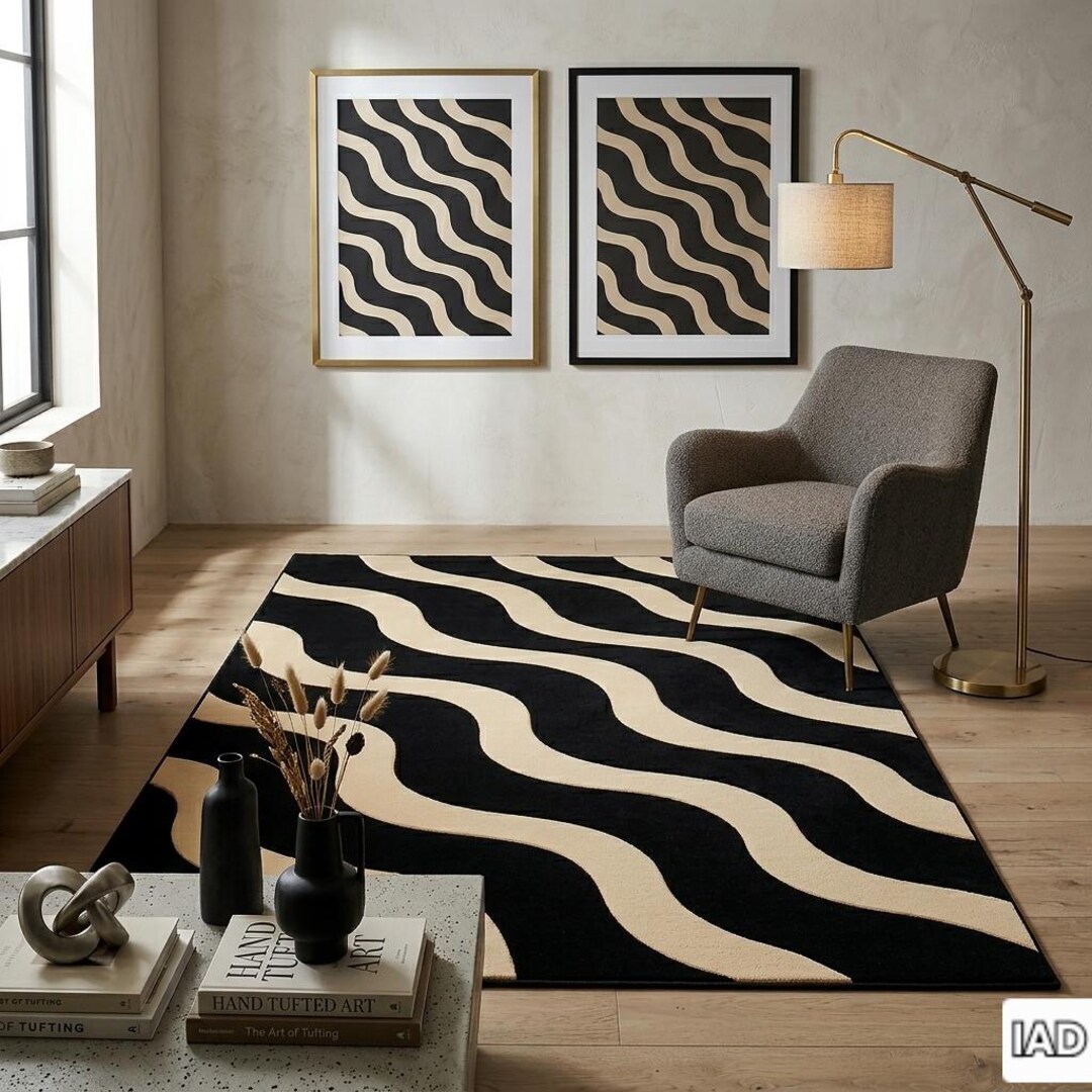 Modern Wavy Hand-tufted Wool Rug - Black and Cream Minimalist Area Rug ...
