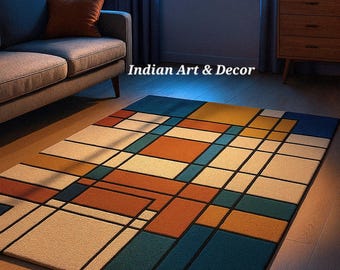 Mid-Century Modern Geometric Tufted Rug – Color Block Abstract Carpet in Mustard, Teal, and Burnt Orange – Retro Art Deco Area Rug