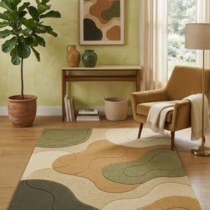 Modern Abstract Area Rug – Earth Tone Hand-Tufted Carpet in Olive Green, Beige & Terracotta –Wavy Retro Style Rug image 1